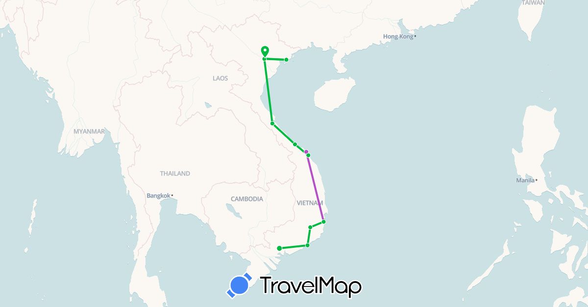 TravelMap itinerary: driving, bus, train in Vietnam (Asia)